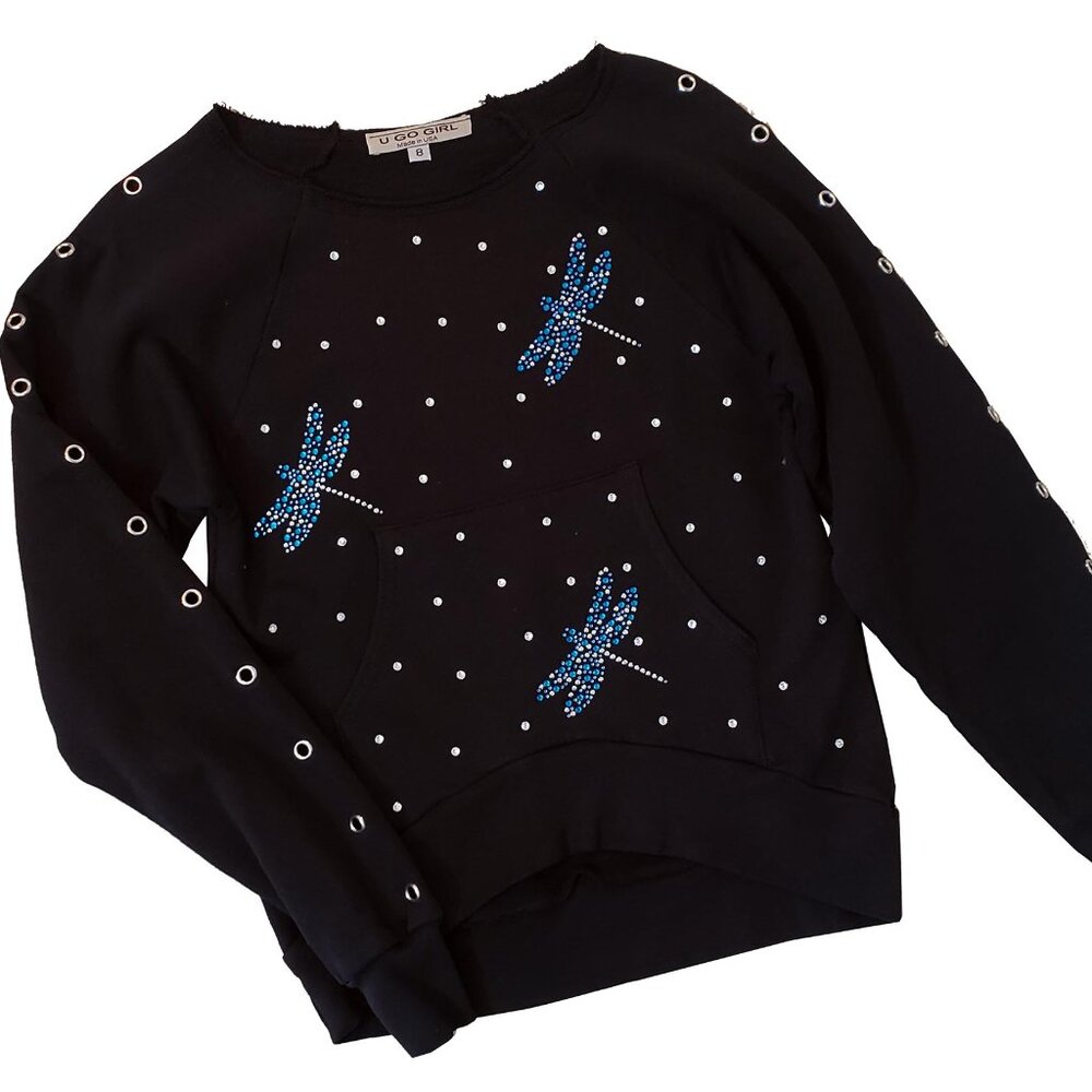 Dragonflies Embellished Girl's Black Sweatshirt